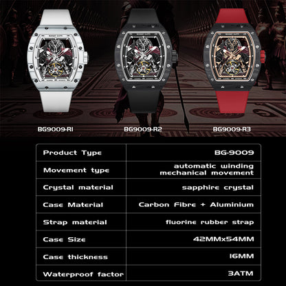 BONEST GATTI Automatic Tonneau Watch Spartan Warrior Series Carbon Fiber Skeleton Self Wind Movement Sapphire Crystal Luminous Watch BG9009