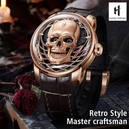 LUCKY HARVEY  Skeleton Automaton Watch Round shaped Case Luminous Watch LH-SKULL