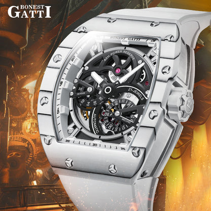 BONEST GATTI Carbon fiber + Aluminum alloy Case Barrel shaped Tonneau watch Skeleton Movement Sapphire Crystal Quick- Release Strap Watch BG9004