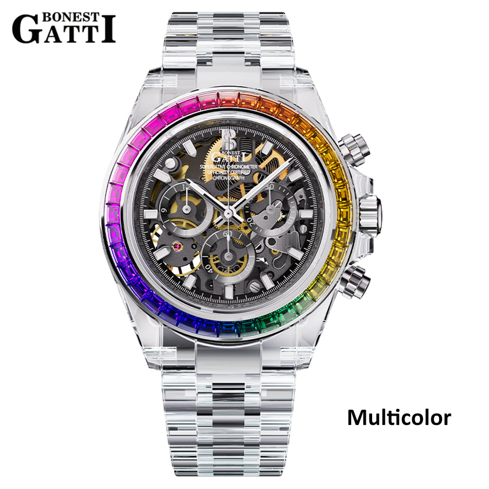 BONEST GATTI K9 Cryatal Case Strap Automatic Chronograph Watch BG6009