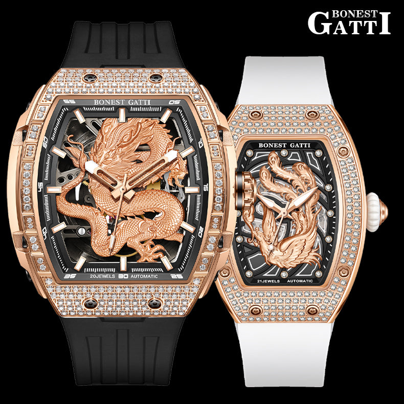 BONEST GATTI Barrel Dragon & Phoenix Couple Watch Automatic Mechanical Movement Luminous BG9910