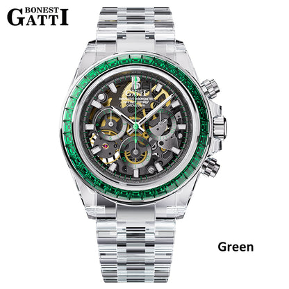 BONEST GATTI K9 Cryatal Case Strap Automatic Chronograph Watch BG6009