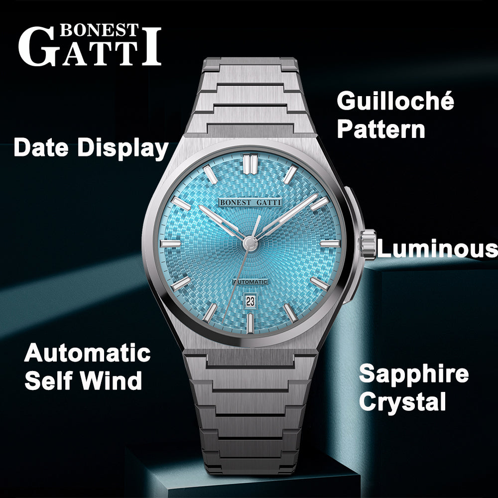 BONEST GATTI Automatic Men Watch Guilloché Pattern Date Display Self Wind Movement Sapphire Crystal Luminous Business Watch BG8012