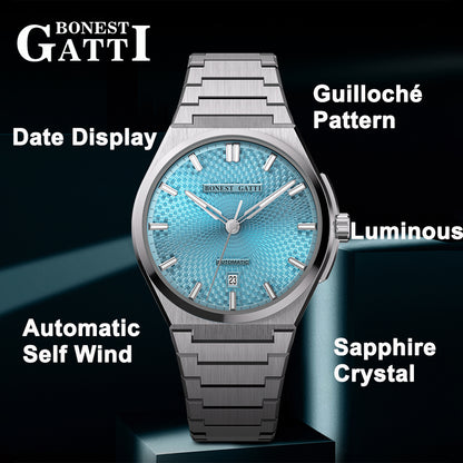 BONEST GATTI Automatic Men Watch Guilloché Pattern Date Display Self Wind Movement Sapphire Crystal Luminous Business Watch BG8012