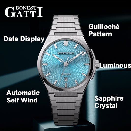 BONEST GATTI Automatic Men Watch Guilloché Pattern Date Display Self Wind Movement Sapphire Crystal Luminous Business Watch BG8012
