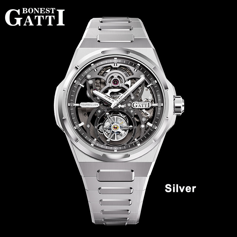 BONEST GATTI Automatic Tourbillon Watch Skeleton Self Wind 80H Power Reserve Sapphire Crystal Luminous Watch BG7004