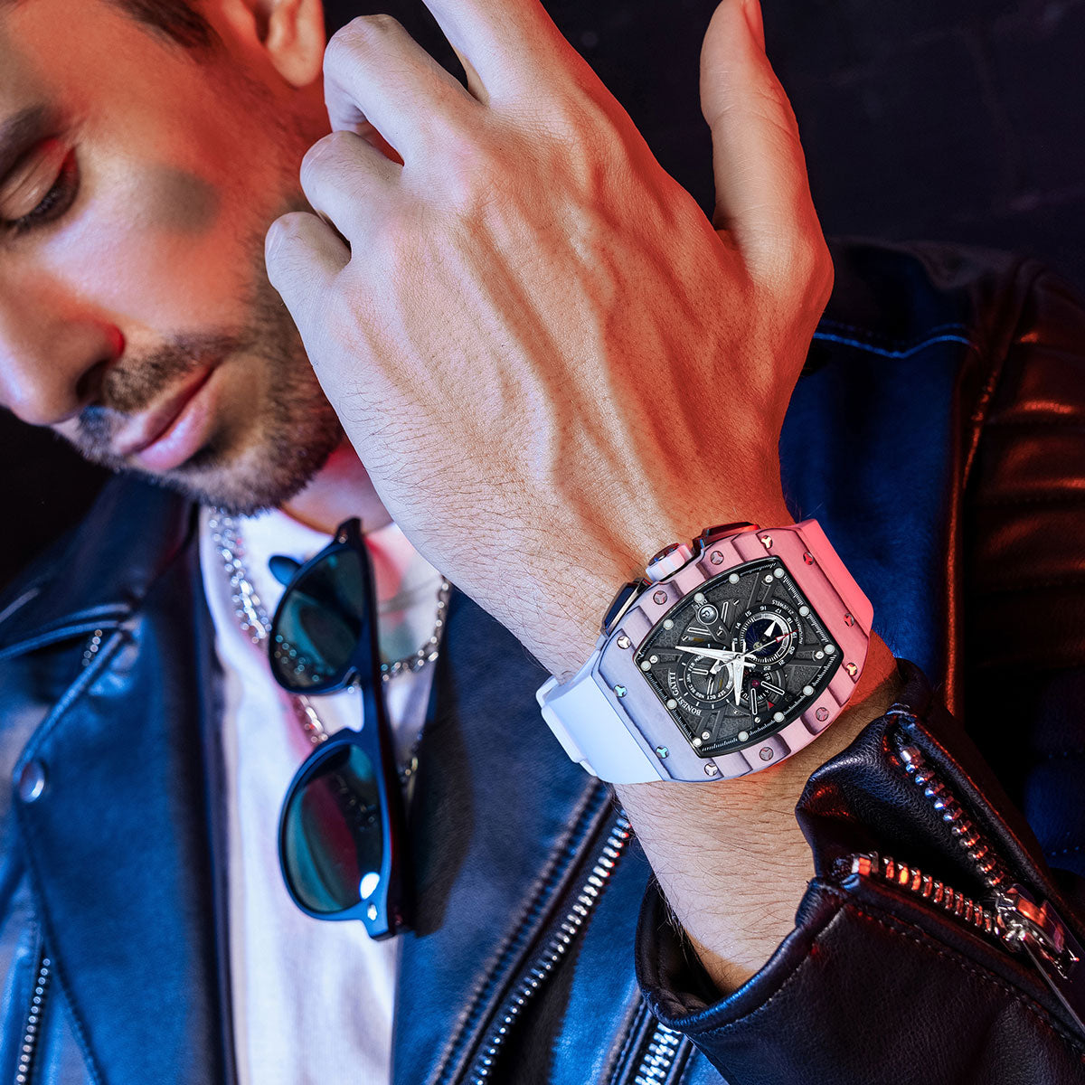 BONEST GATTI Automatic Tonneau Watch Carbon Fiber Month Week Date Display Skeleton Self Wind Movement Sapphire Crystal Luminous Watch BG9007