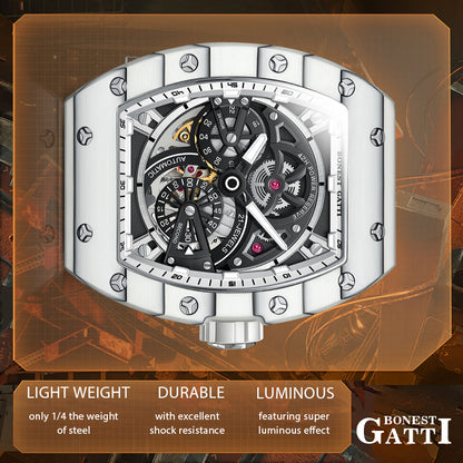 BONEST GATTI Carbon fiber + Aluminum alloy Case Barrel shaped Tonneau watch Skeleton Movement Sapphire Crystal Quick- Release Strap Watch BG9004