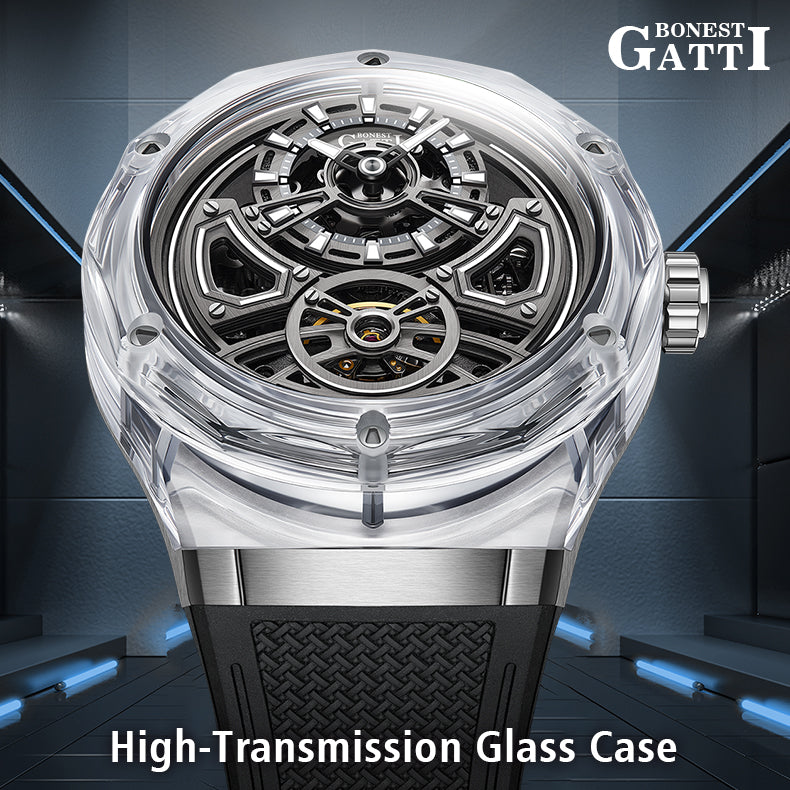 BONEST GATTI  Transparent Case Dodecagon Bezel Automatic Skeleton Movement Round Shaped Fluororubber Strap Watch BG5807