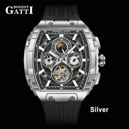 BONEST GATTI Automatic Tonneau Watch Calendar Week Display Skeleton Self Wind Movement Sapphire Crystal Luminous Watch BG5005