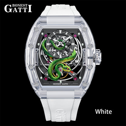 BONEST GATTI Transparent Tonneau Case 3D Snake Dial Skeleton Movement Fluororubber Strap Watch Luminous BG6004