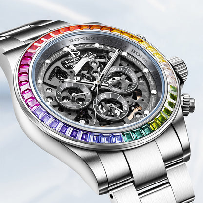 BONEST GATTI Gradient Gemstone Bezel Skeleton Automatic Chronograph Watch BG8018