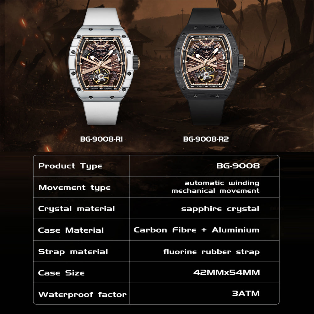 BONEST GATTI Automatic Tonneau Watch Phantom Black Warrior Dial Carbon Fiber Skeleton Self Wind Movement Sapphire Crystal Luminous Watch BG9008