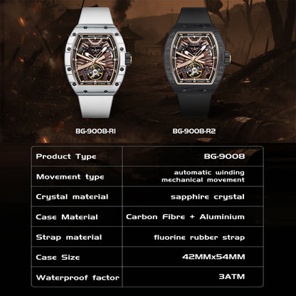 BONEST GATTI Automatic Tonneau Watch Phantom Black Warrior Dial Carbon Fiber Skeleton Self Wind Movement Sapphire Crystal Luminous Watch BG9008