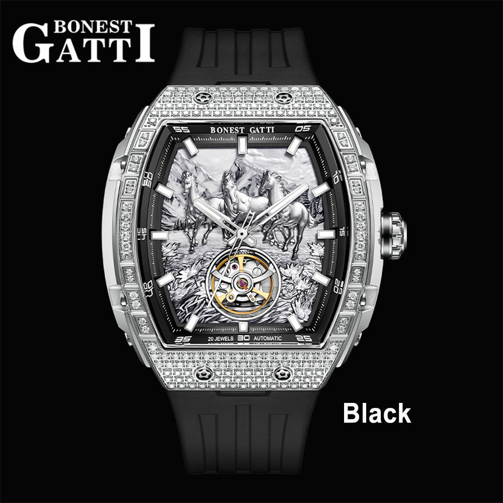 BONEST GATTI Horse Automatic Tonneau Men Watch Zircon Bezel Skeleton Self Wind Movement Sapphire Crystal Luminous Watch BG5006