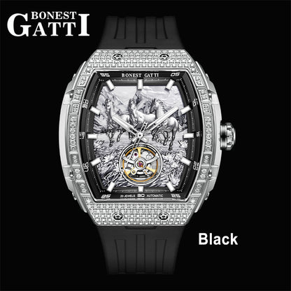 BONEST GATTI Horse Automatic Tonneau Men Watch Zircon Bezel Skeleton Self Wind Movement Sapphire Crystal Luminous Watch BG5006