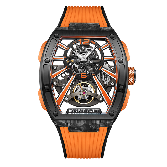 BONEST GATTI  Carbon fiber+fine Steel Case Barrel shaped sapphire crystal watch Skeleton Movement Watch BG9950