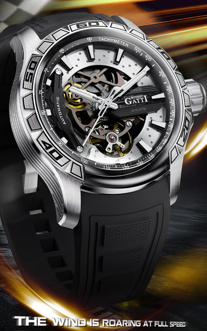 BONEST GATTI Hollow Skeleton Automatic Men Watch Self Wind Movement Sapphire Crystal Luminous Watch with Fluororubber Strap BG4005