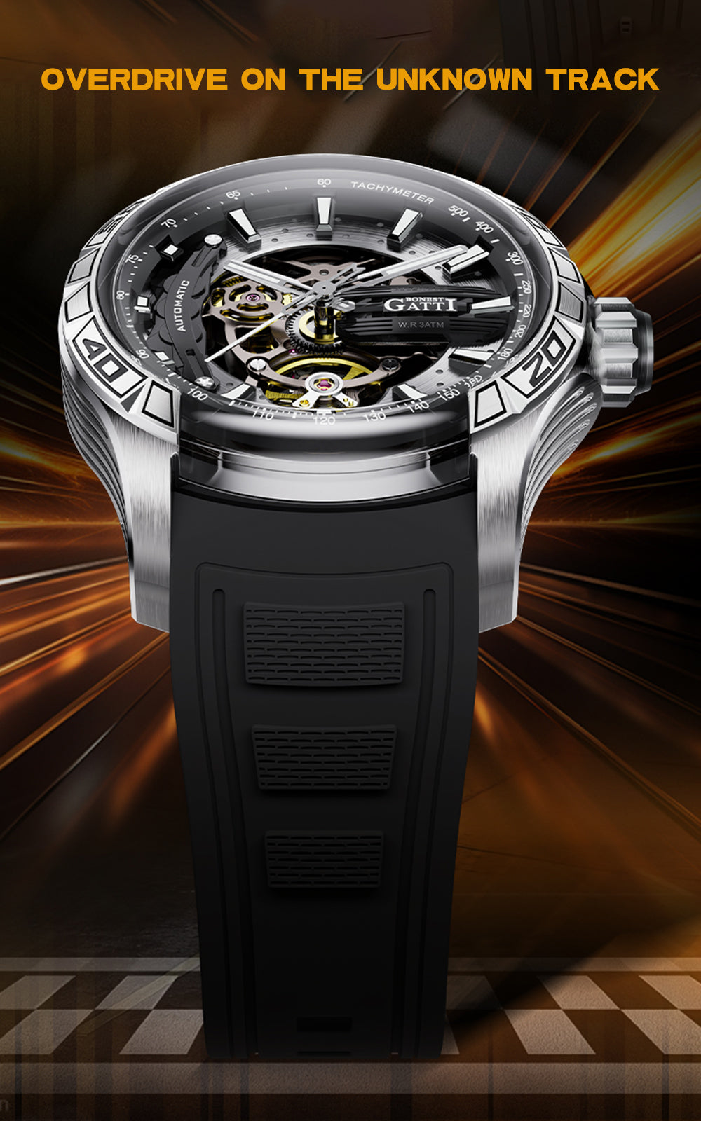 BONEST GATTI Hollow Skeleton Automatic Men Watch Self Wind Movement Sapphire Crystal Luminous Watch with Fluororubber Strap BG4005