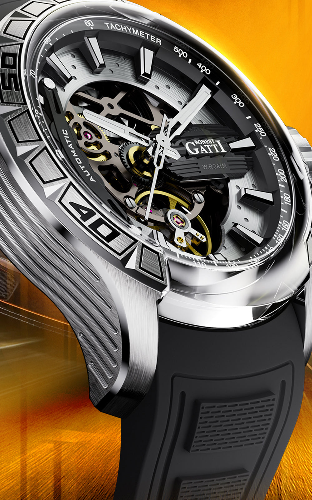 BONEST GATTI Hollow Skeleton Automatic Men Watch Self Wind Movement Sapphire Crystal Luminous Watch with Fluororubber Strap BG4005