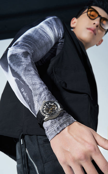 BONEST GATTI Hollow Skeleton Automatic Men Watch Self Wind Movement Sapphire Crystal Luminous Watch with Fluororubber Strap BG4005