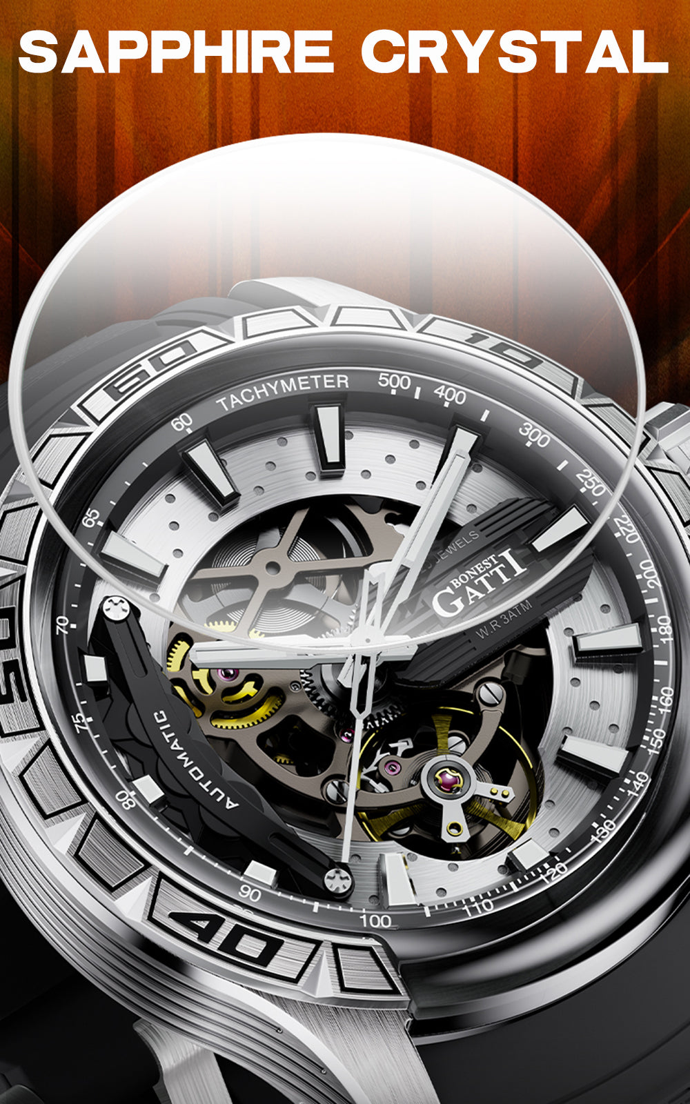 BONEST GATTI Hollow Skeleton Automatic Men Watch Self Wind Movement Sapphire Crystal Luminous Watch with Fluororubber Strap BG4005