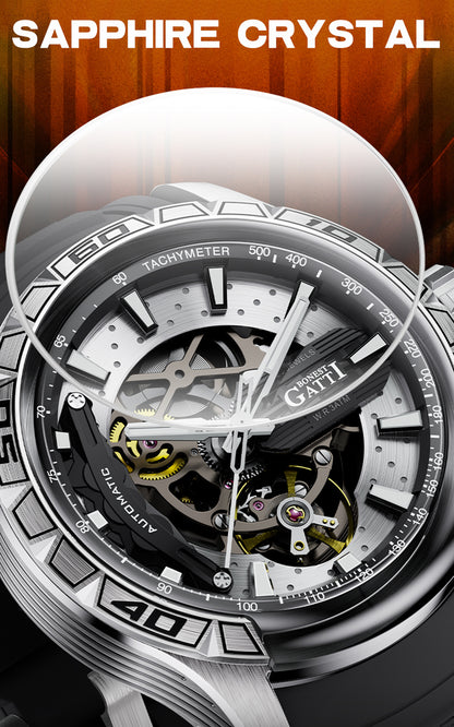 BONEST GATTI Hollow Skeleton Automatic Men Watch Self Wind Movement Sapphire Crystal Luminous Watch with Fluororubber Strap BG4005