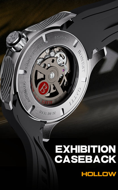 BONEST GATTI Hollow Skeleton Automatic Men Watch Self Wind Movement Sapphire Crystal Luminous Watch with Fluororubber Strap BG4005