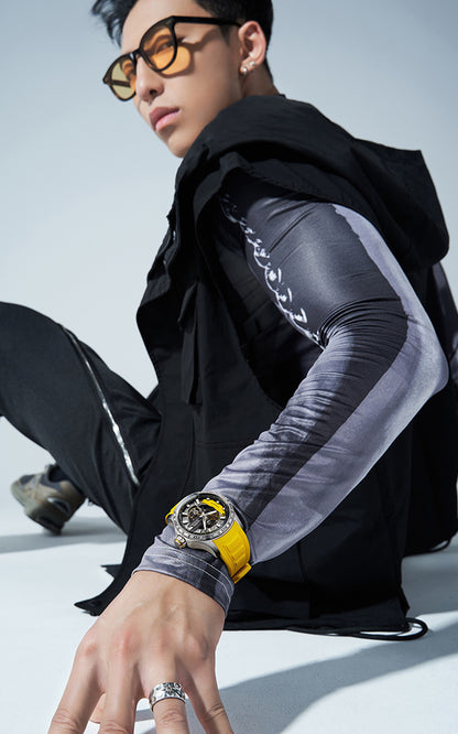 BONEST GATTI Hollow Skeleton Automatic Men Watch Self Wind Movement Sapphire Crystal Luminous Watch with Fluororubber Strap BG4005