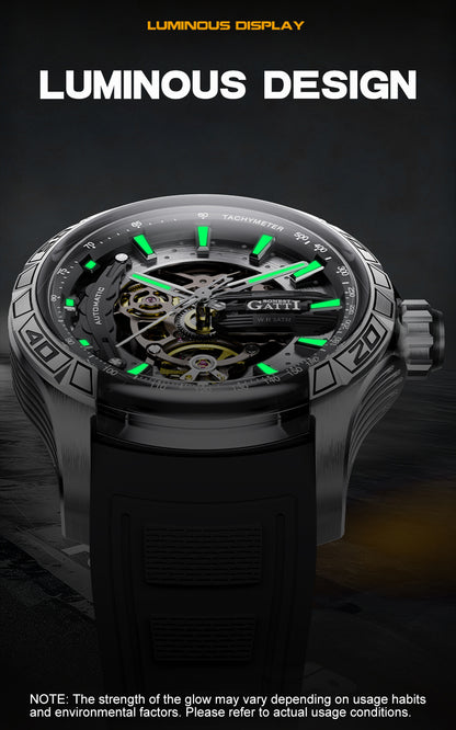 BONEST GATTI Hollow Skeleton Automatic Men Watch Self Wind Movement Sapphire Crystal Luminous Watch with Fluororubber Strap BG4005