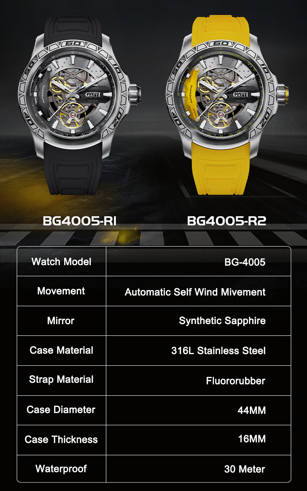 BONEST GATTI Hollow Skeleton Automatic Men Watch Self Wind Movement Sapphire Crystal Luminous Watch with Fluororubber Strap BG4005