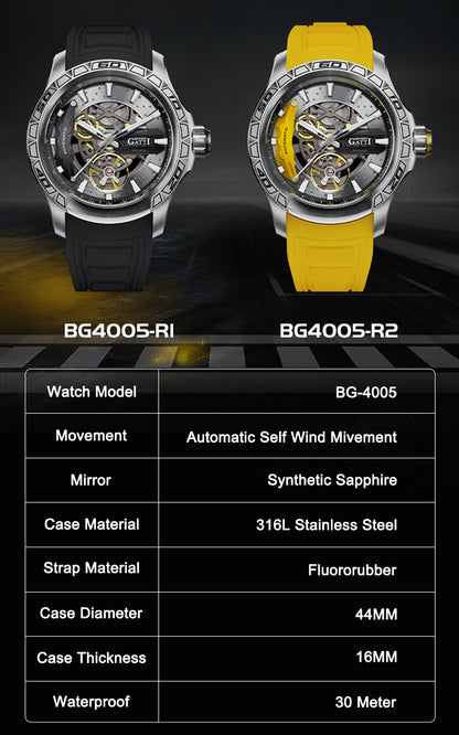 BONEST GATTI Hollow Skeleton Automatic Men Watch Self Wind Movement Sapphire Crystal Luminous Watch with Fluororubber Strap BG4005