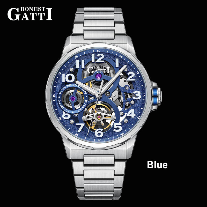 BONEST GATTI Automatic Skeleton Watch Self Wind Movement Sapphire Crystal Luminous Watch BG8010