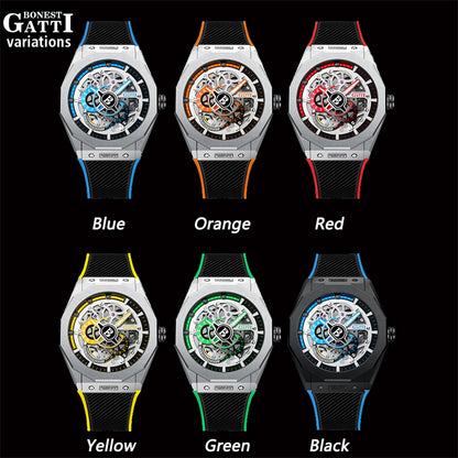 BONEST GATTI Roud Shaped Case CITIZEN Movement Automatic Mechanical Watch Luminous Multi-dial 42h Rubber Strap GB7601-A