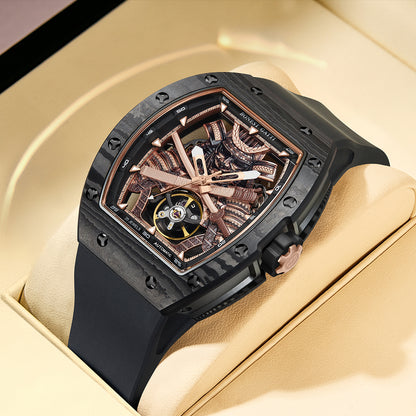 BONEST GATTI Automatic Tonneau Watch Phantom Black Warrior Dial Carbon Fiber Skeleton Self Wind Movement Sapphire Crystal Luminous Watch BG9008
