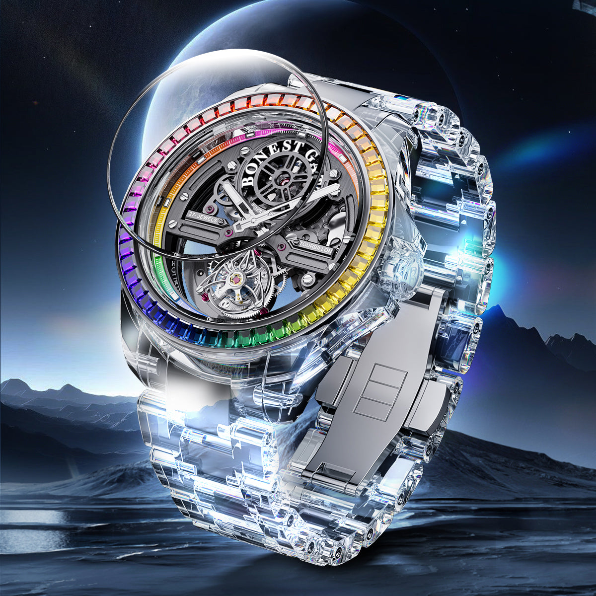 BONEST GATTI K9 Cryatal Case Strap Automatic Skeleton Tourbillon Watch BG7007