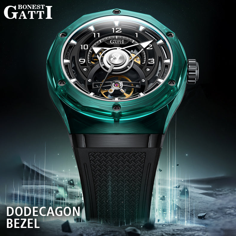 BONEST GATTI  Transparent Case Dodecagon Bezel Automatic Skeleton Movement Round Shaped Fluororubber Strap Watch BG5806