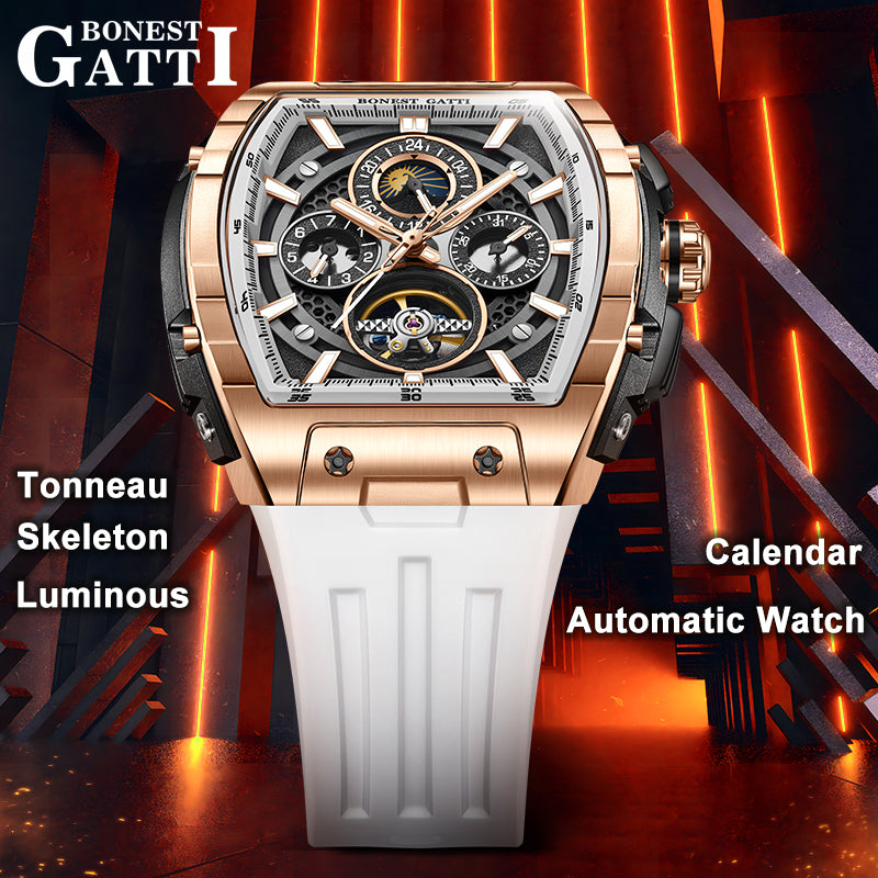 BONEST GATTI Automatic Tonneau Watch Calendar Week Display Skeleton Self Wind Movement Sapphire Crystal Luminous Watch BG5005