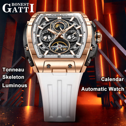 BONEST GATTI Automatic Tonneau Watch Calendar Week Display Skeleton Self Wind Movement Sapphire Crystal Luminous Watch BG5005