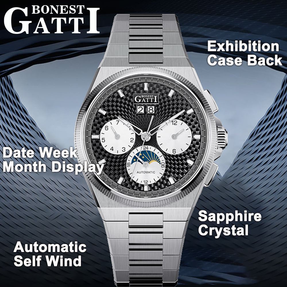BONEST GATTI Automatic Men Watch Date Week Month Display Self Wind Movement Sapphire Crystal Luminous Watch BG8006