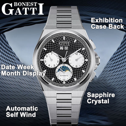 BONEST GATTI Automatic Men Watch Date Week Month Display Self Wind Movement Sapphire Crystal Luminous Watch BG8006