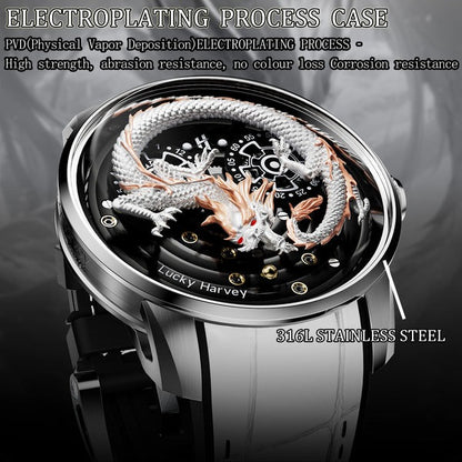 Lucky Harvey White/Black Dragon Automaton Automatic Watch 999 Gold Bead Luminous