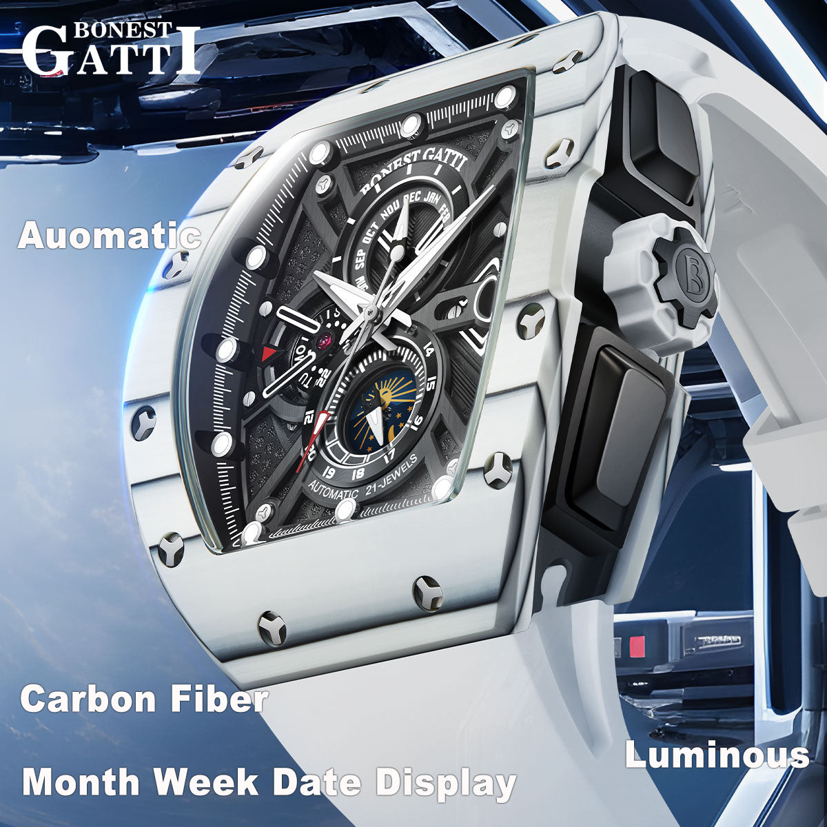 BONEST GATTI Automatic Tonneau Watch Carbon Fiber Month Week Date Display Skeleton Self Wind Movement Sapphire Crystal Luminous Watch BG9007