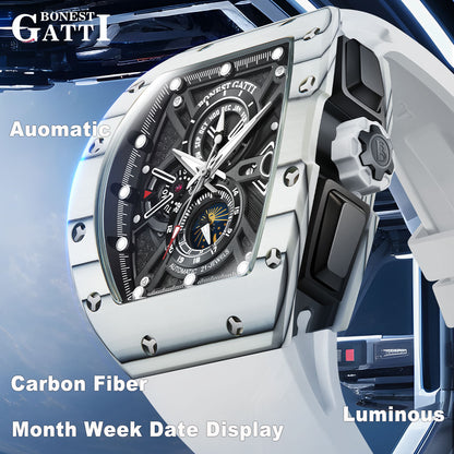 BONEST GATTI Automatic Tonneau Watch Carbon Fiber Month Week Date Display Skeleton Self Wind Movement Sapphire Crystal Luminous Watch BG9007