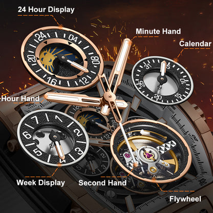 BONEST GATTI Automatic Tonneau Watch Calendar Week Display Skeleton Self Wind Movement Sapphire Crystal Luminous Watch BG5005