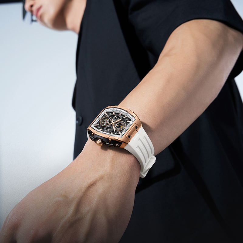 BONEST GATTI Automatic Tonneau Watch Calendar Week Display Skeleton Self Wind Movement Sapphire Crystal Luminous Watch BG5005