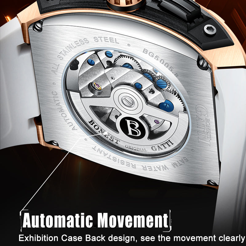 BONEST GATTI Automatic Tonneau Watch Calendar Week Display Skeleton Self Wind Movement Sapphire Crystal Luminous Watch BG5005