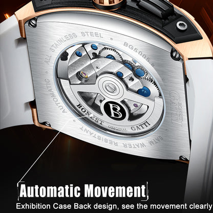 BONEST GATTI Automatic Tonneau Watch Calendar Week Display Skeleton Self Wind Movement Sapphire Crystal Luminous Watch BG5005