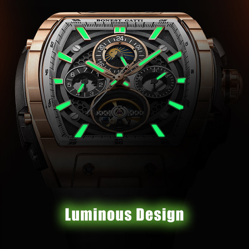 BONEST GATTI Automatic Tonneau Watch Calendar Week Display Skeleton Self Wind Movement Sapphire Crystal Luminous Watch BG5005