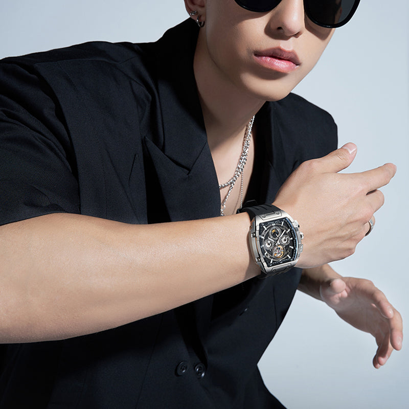 BONEST GATTI Automatic Tonneau Watch Calendar Week Display Skeleton Self Wind Movement Sapphire Crystal Luminous Watch BG5005